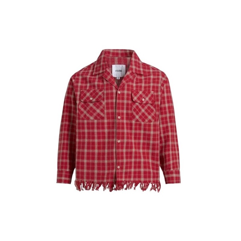 Found - RAW CUT FRINGE PLAID CAMP SHIRT RED PLAID