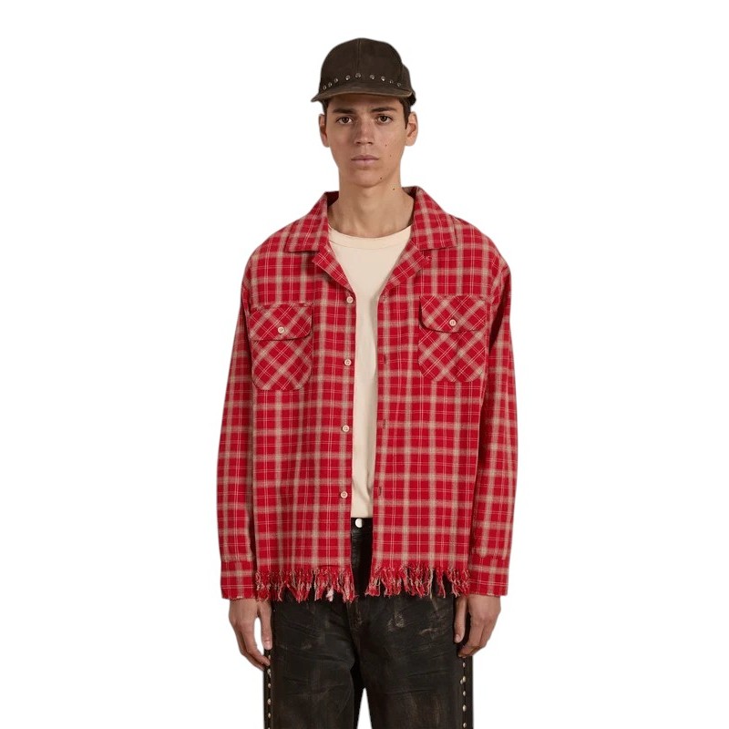 Found - RAW CUT FRINGE PLAID CAMP SHIRT RED PLAID