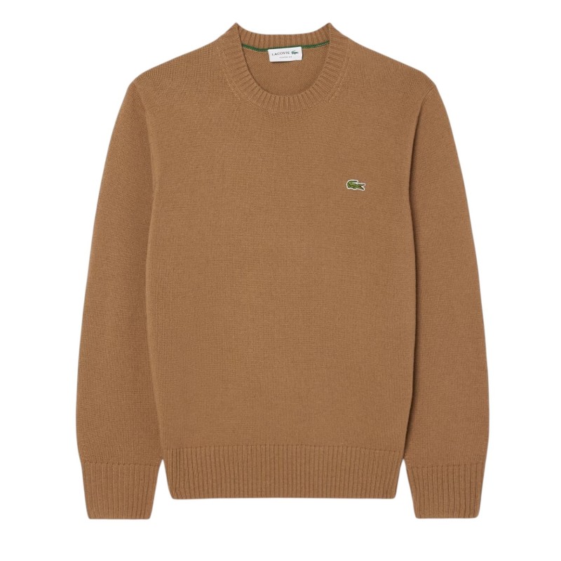 Lacoste - MAGLIONE A GIROCOLLO IN LANA CARDATA BROWN