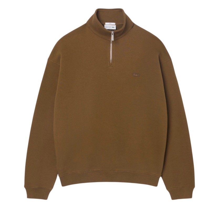 Lacoste - FELPA IN TESSUTO PESANTE CON ZIP SUL COLLO COFFEE BROWN
