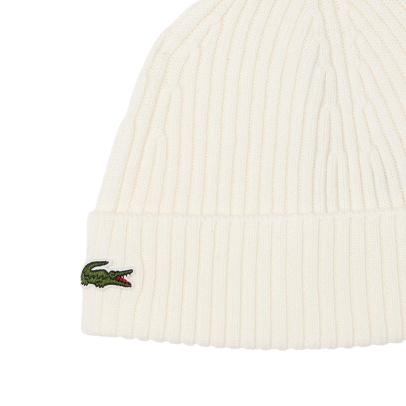Lacoste - BONNET EN LAINE CÔTELÉ BLANC