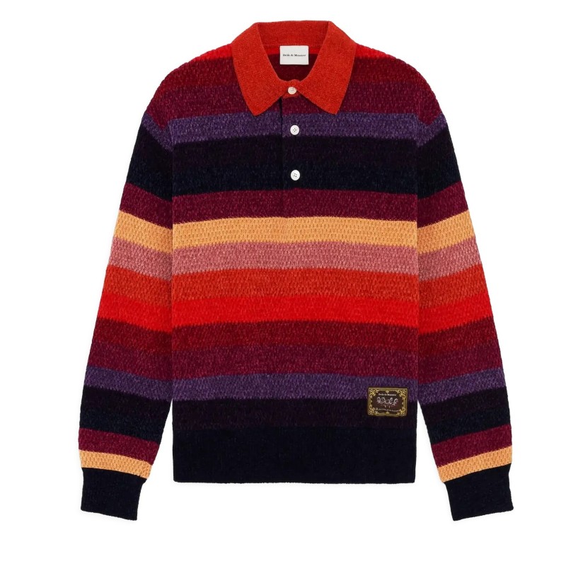 Drôle De Monsieur - CHENILLE STRIPED LONG SLEEVE POLO HORSE PATCH MULTICOLOR