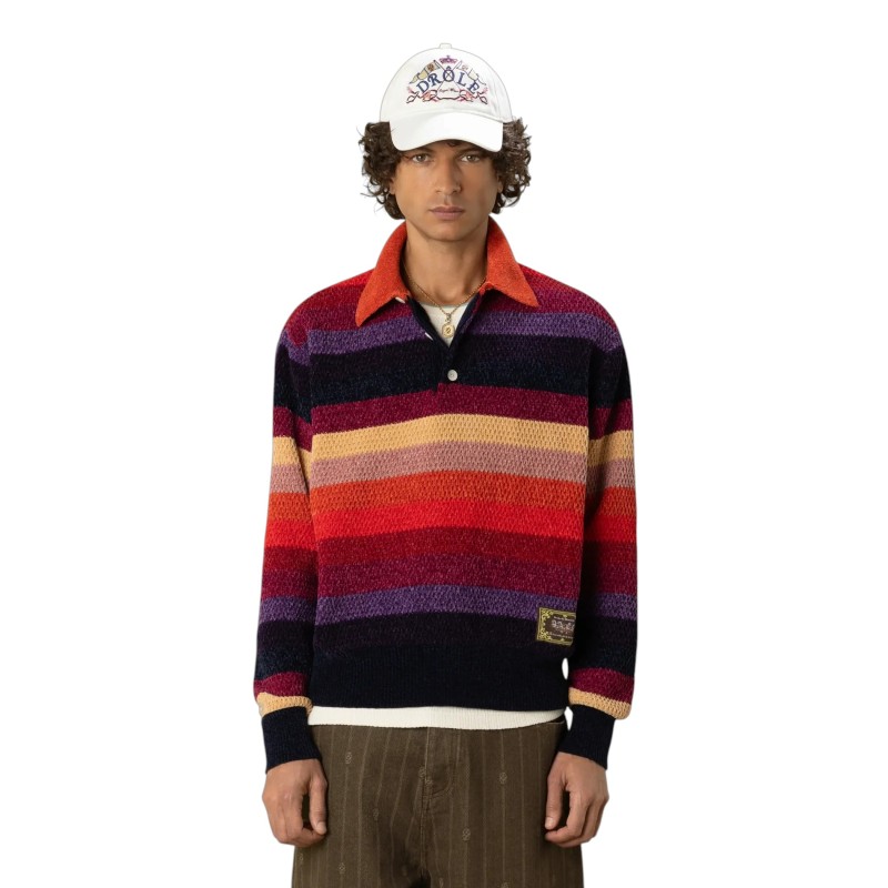 Drôle De Monsieur - CHENILLE STRIPED LONG SLEEVE POLO HORSE PATCH MULTICOLOR