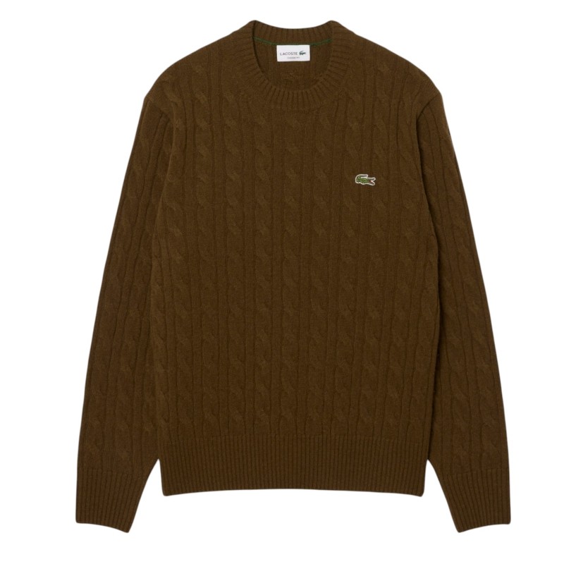 Lacoste - ZOPFSTRICKPULLOVER AUS STREICHGARNWOLLE COFFEE BROWN