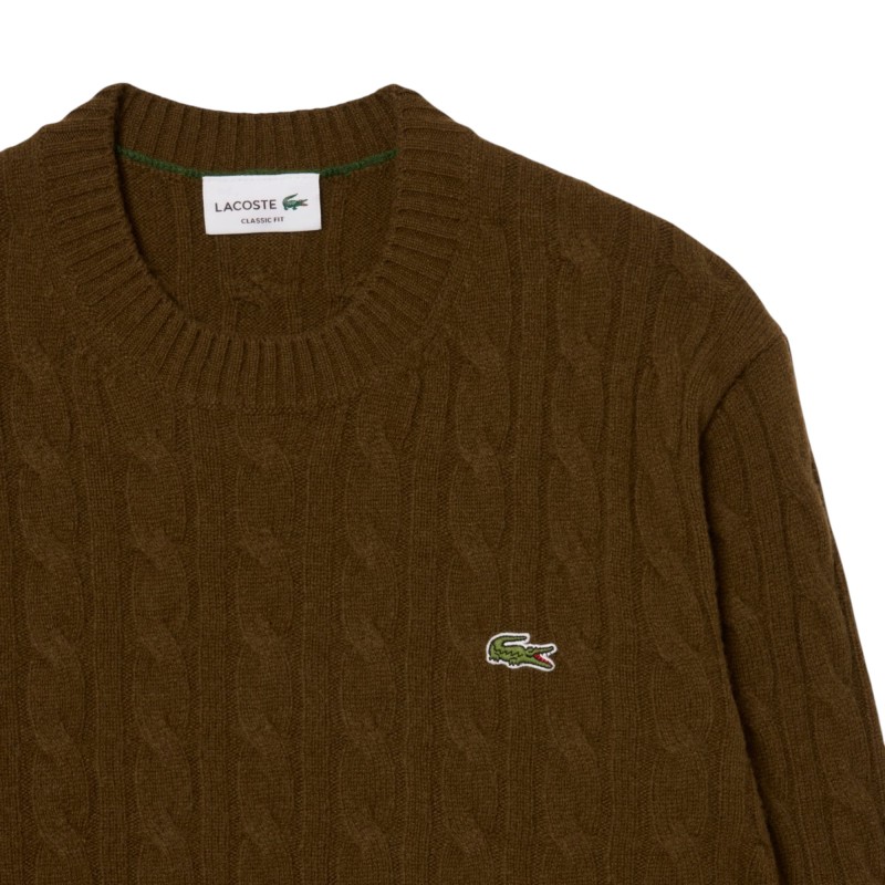 Lacoste - MAGLIONE A TRECCE IN LANA CARDATA COFFEE BROWN