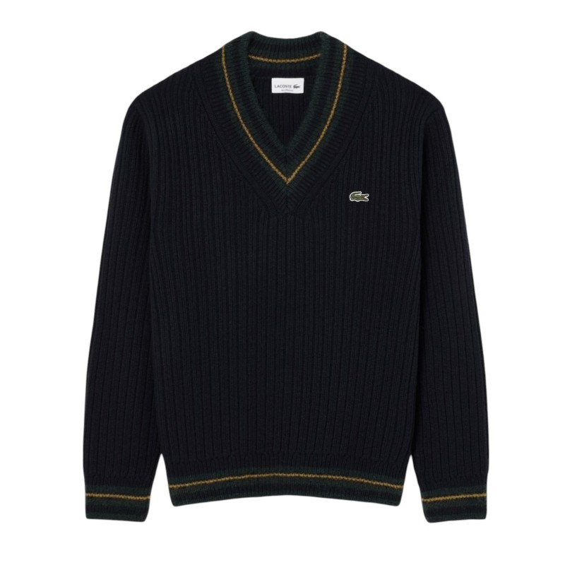 Lacoste - PULL COL V EN LAINE RAYÉ NAVY BLUE/GREEN/YELLOW