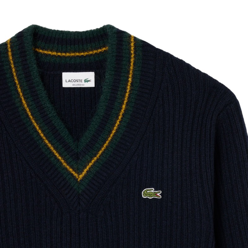 Lacoste - PULL COL V EN LAINE RAYÉ NAVY BLUE/GREEN/YELLOW